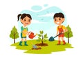 Planting Plants Vector Illustration with People Enjoy Gardening, Plant, Watering or Digging in the Garden in Flat Kids Cartoon Royalty Free Stock Photo