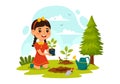 Planting Plants Vector Illustration with People Enjoy Gardening, Plant, Watering or Digging in the Garden in Flat Kids Cartoon Royalty Free Stock Photo