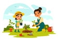 Planting Plants Vector Illustration with People Enjoy Gardening, Plant, Watering or Digging in the Garden in Flat Kids Cartoon Royalty Free Stock Photo