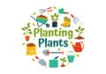 Planting Plants Vector Illustration with People Enjoy Gardening, Plant, Watering or Digging in the Garden in Flat Kids Cartoon Royalty Free Stock Photo