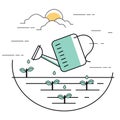 Planting pouring water into plant gardening line style illustration