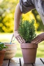 Planting rosemary herb into flower pot