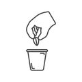 Planting seed plant icon. Simple line drawing of a hand planting a seed from a plant in a flower pot. Isolated vector on