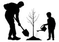 Planting tree with baby. Father and son plant a tree seedling. Silhouette vector on white background Royalty Free Stock Photo