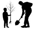 Planting tree with baby. Man holds a spade and child holds a tree seedling. Silhouette vector on white background