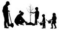 Planting tree and landscaping. Silhouette of large family with tree seedling and watering cans and shovel. Vector illustration