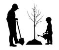 Planting tree and landscaping. Silhouettes of man with shovel and child with watering can. Vector illustration