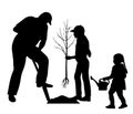 Planting tree and landscaping. Silhouettes of man with shovel and children girls with tree seedling and watering can. Vector