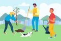 Planting tree at nature, vector illustration, flat man woman person make garden at cityscape, help environment ecology Royalty Free Stock Photo