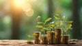 Planting a tree on a pile of money, including the hand of a woman holding a coin to a tree on the coin, money saving ideas and