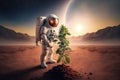Planting a tree sapling on the mars surface. Digital illustration created using Generative AI