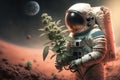 Planting a tree sapling on the mars surface. Digital illustration created using Generative AI