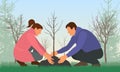 Planting trees. Man and woman plant bare tree. Concept of reforestation or gardening, or agriculture. Environmental care. Vector