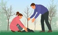 Planting trees. Man and woman plant bare tree. Concept of reforestation or gardening, or agriculture. Environmental care. Vector