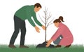 Planting trees. Man and woman plant bare tree. Environmental care. Vector illustration Royalty Free Stock Photo