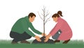 Planting trees. Man and woman plant bare tree. Environmental care. Vector illustration Royalty Free Stock Photo