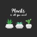 Plants is all you need. Vector graphic for t-shirt print design. Succulents and cactus on a black background
