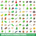 100 plants and animals icons set, isometric style Royalty Free Stock Photo