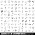 100 plants and animals icons set, outline style Royalty Free Stock Photo