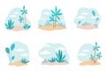 Plants backdrops. Tropical trees and bushes collection, hand drawn palms, natural landscape, rainforest and jungle, sky Royalty Free Stock Photo