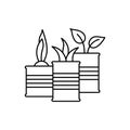 Plants in cans. Seedlings in tins. Linear icon of recycle. Black simple illustration of home garden on windowsill, growing herbs.