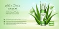 Plants cosmetic ad. Aloe vera cream. Skincare organic essence bottle. Herbal leaves. Beauty product. Face moisturizer