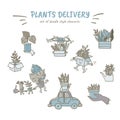 Plants delivery cartoon doodle sttle hand drawn illustrations set. Sansevieria, cactus, monstera. Drone, car and boxex for orders