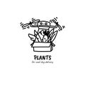 Plants drone delivery concept hand drawn doodle style illustretion. Monstera, sansevieria and cactus
