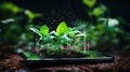 Plants emerging from the smartphone screen. Ecology concept. Digital smart farming concept Royalty Free Stock Photo