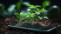 Plants emerging from the smartphone screen. Ecology concept. Digital smart farming concept Royalty Free Stock Photo
