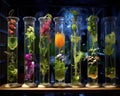 Plants and flowers are in test tubes.