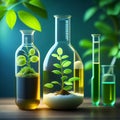 Plants and flowers in test tubes in laboratory. Generative AI Royalty Free Stock Photo