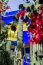 The Majorelle Garden, Jardin Majorelle. Marrakech, Morocco. Plants and furnishing elements, architecture of outdoor spaces