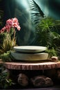 Plants and green product display podium for natural product. Circular shape base on green background