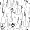 Plants in bottles, black and white seamless pattern. Decorative background
