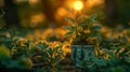 Plants On Money Increase With Flare Light Effects - Money Growth Concepts Royalty Free Stock Photo