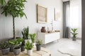 Plants next to white cupboard under poster in bright living room interior with window. Real photo Royalty Free Stock Photo