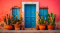 Plants on an orange wall. Mexico traditional colorful architecture with colourful orange house with old wooden green Royalty Free Stock Photo