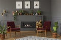Plants and red armchairs in grey living room interior with posters above fireplace. Real photo