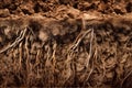 Plants roots underground, soil cross section texture. Generative AI realistic illustration