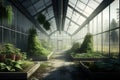 Plants shrubs, greens, herbs in large glass abandoned greenhouse. Generative AI