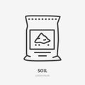 Plants soil in bag flat line icon. Vector thin sign of ground pachage, cement pack. Fertilizer illustration