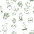 Plants succulent, cactus hand drawn seamless pattern