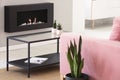 Plants on table between pink couch and black fireplace in bright living room interior. Real photo