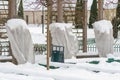 Plants and trees in a park or garden covered by the snow and blanket, swath of burlap