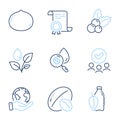 Plants watering, Water analysis and Soy nut icons set. Christmas holly, Macadamia nut and Water bottle signs. Vector