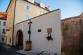 Plaque on wall of former cemetery at St. Jana in Obora, picturesque street Jansky vrsek with baroque and renaissance historical