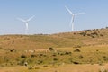 A pair of windmills on a clear blue sky in the Sierra del Merengue next to a meadow with cows in Plasencia.