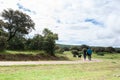 A married couple in sportswear walks quietly with their dog along a livestock path