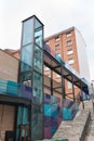 PLASENCIA, SPAIN - April 01, 2012: Modern elevator with colored crystals next to the Luis Toro medical center